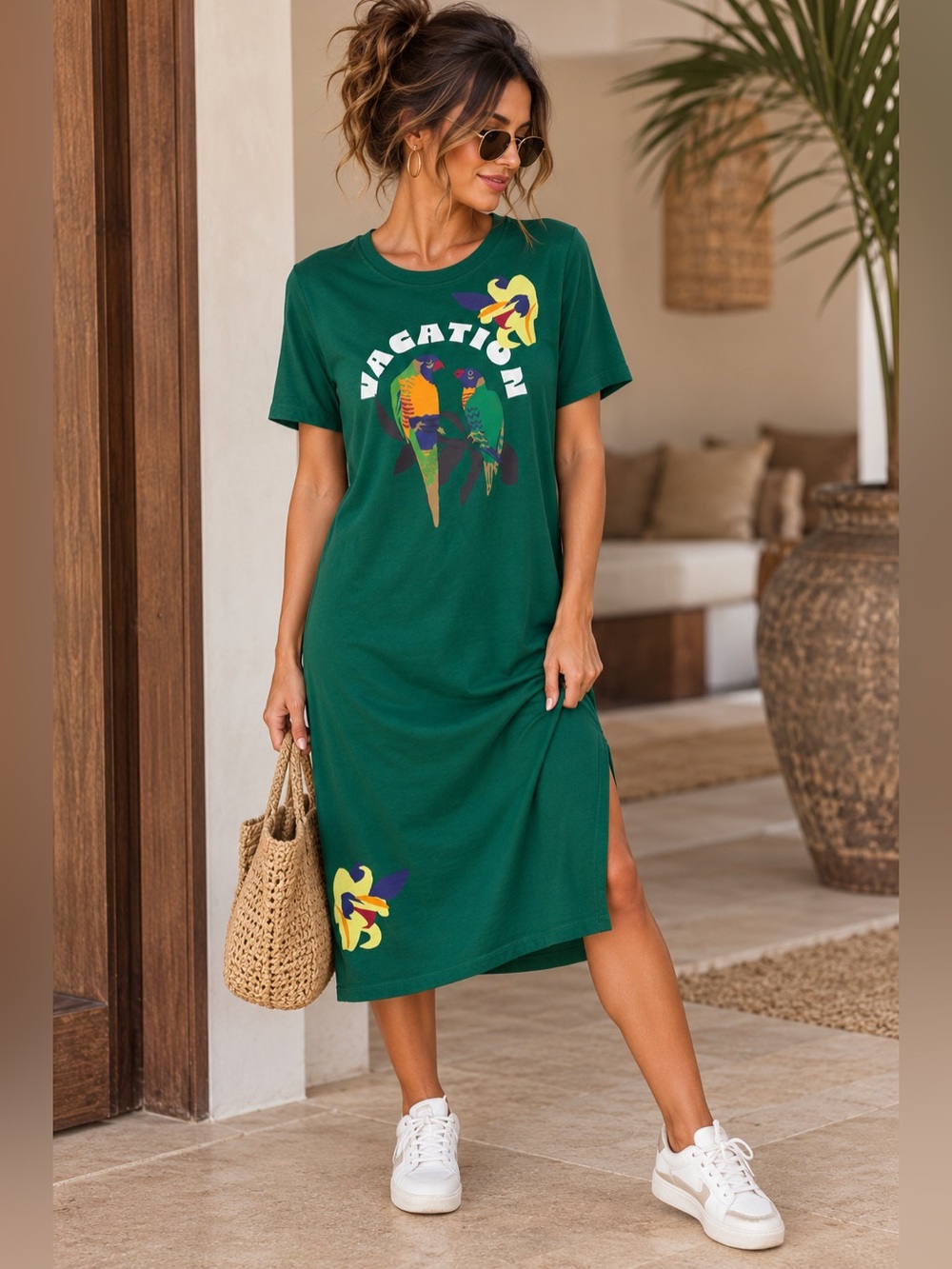 Anthropologie Celandine Vacation Parrot Graphic T-Shirt Midi Dress XS Green